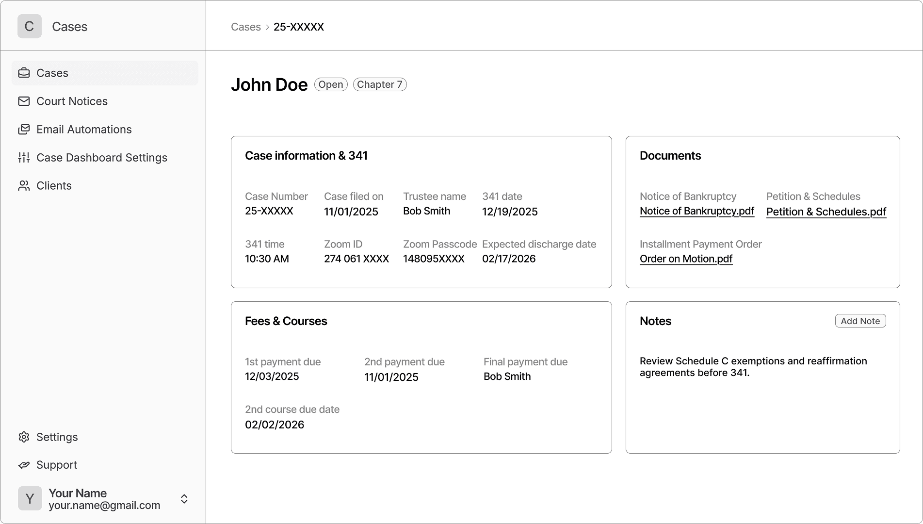 Screenshot of a case dashboard showing case details, parsed deadlines, documents, and notes for a Chapter 7 filing